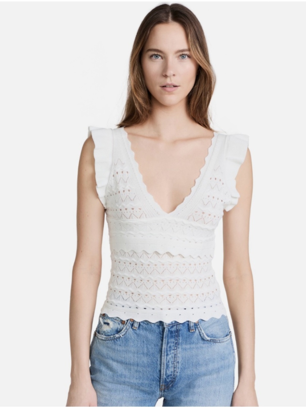 NWT Line And Dot Charlotte V-neck Crochet Ivory ruffle detailed Top, Medium